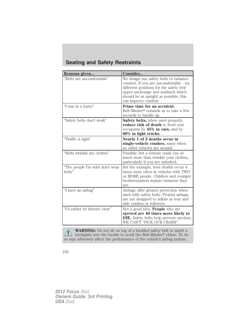 Seating and safety restraints | FORD 2012 Focus v.3 User Manual | Page 193 / 404