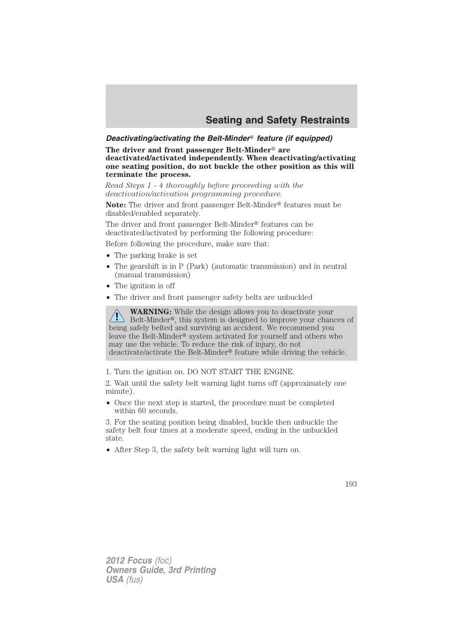 Seating and safety restraints | FORD 2012 Focus v.3 User Manual | Page 194 / 404