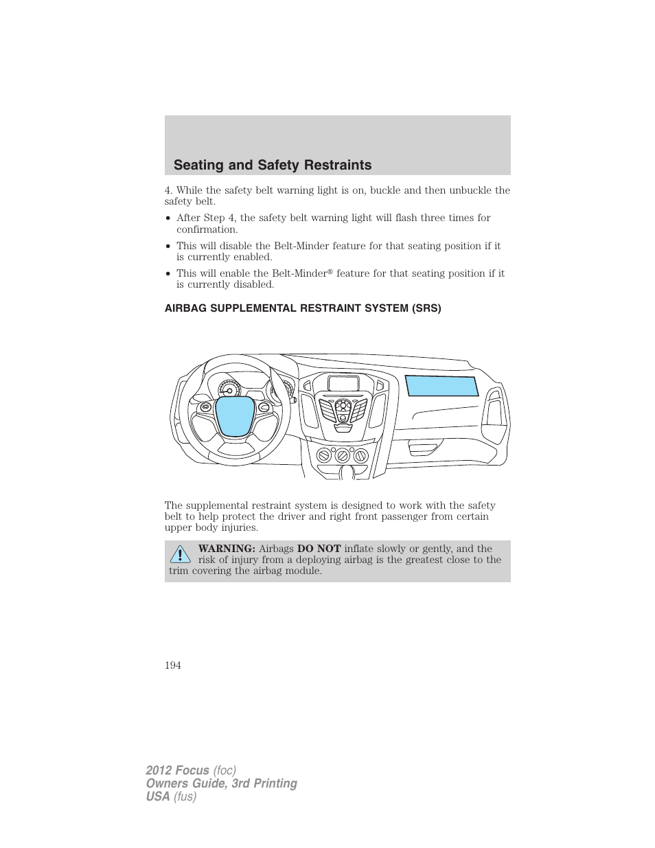 Airbag supplemental restraint system (srs), Airbags, Seating and safety restraints | FORD 2012 Focus v.3 User Manual | Page 195 / 404