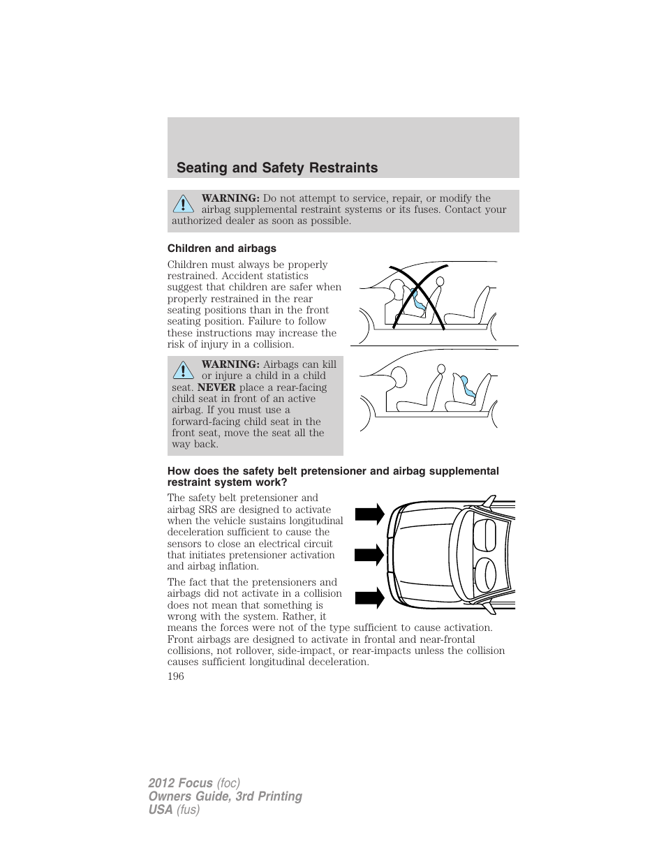 Children and airbags, Seating and safety restraints | FORD 2012 Focus v.3 User Manual | Page 197 / 404