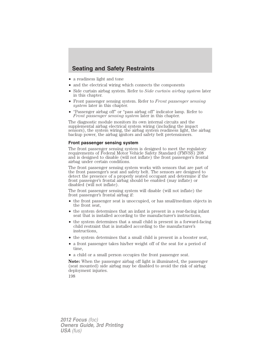 Front passenger sensing system, Seating and safety restraints | FORD 2012 Focus v.3 User Manual | Page 199 / 404