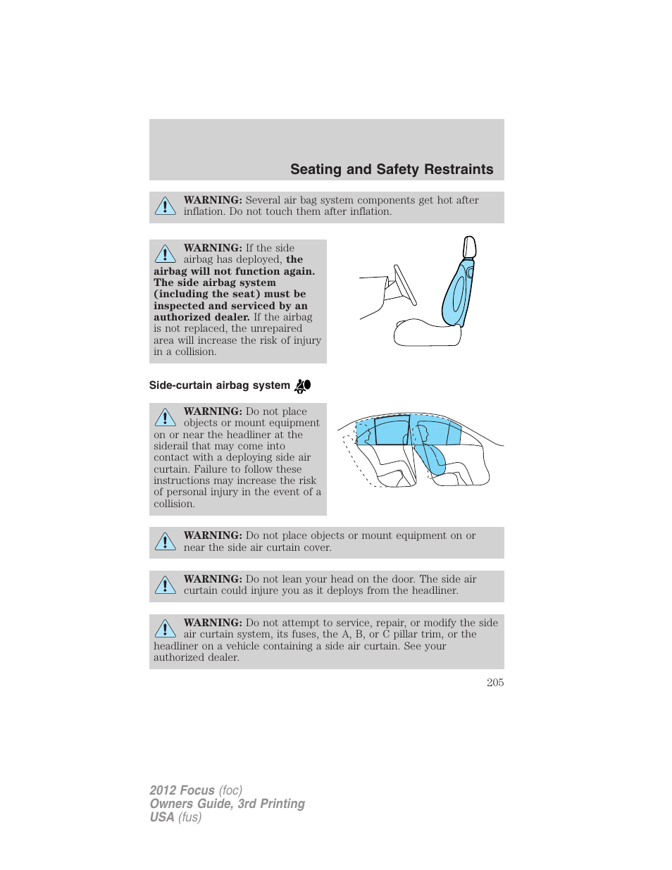 Side-curtain airbag system, Seating and safety restraints | FORD 2012 Focus v.3 User Manual | Page 206 / 404