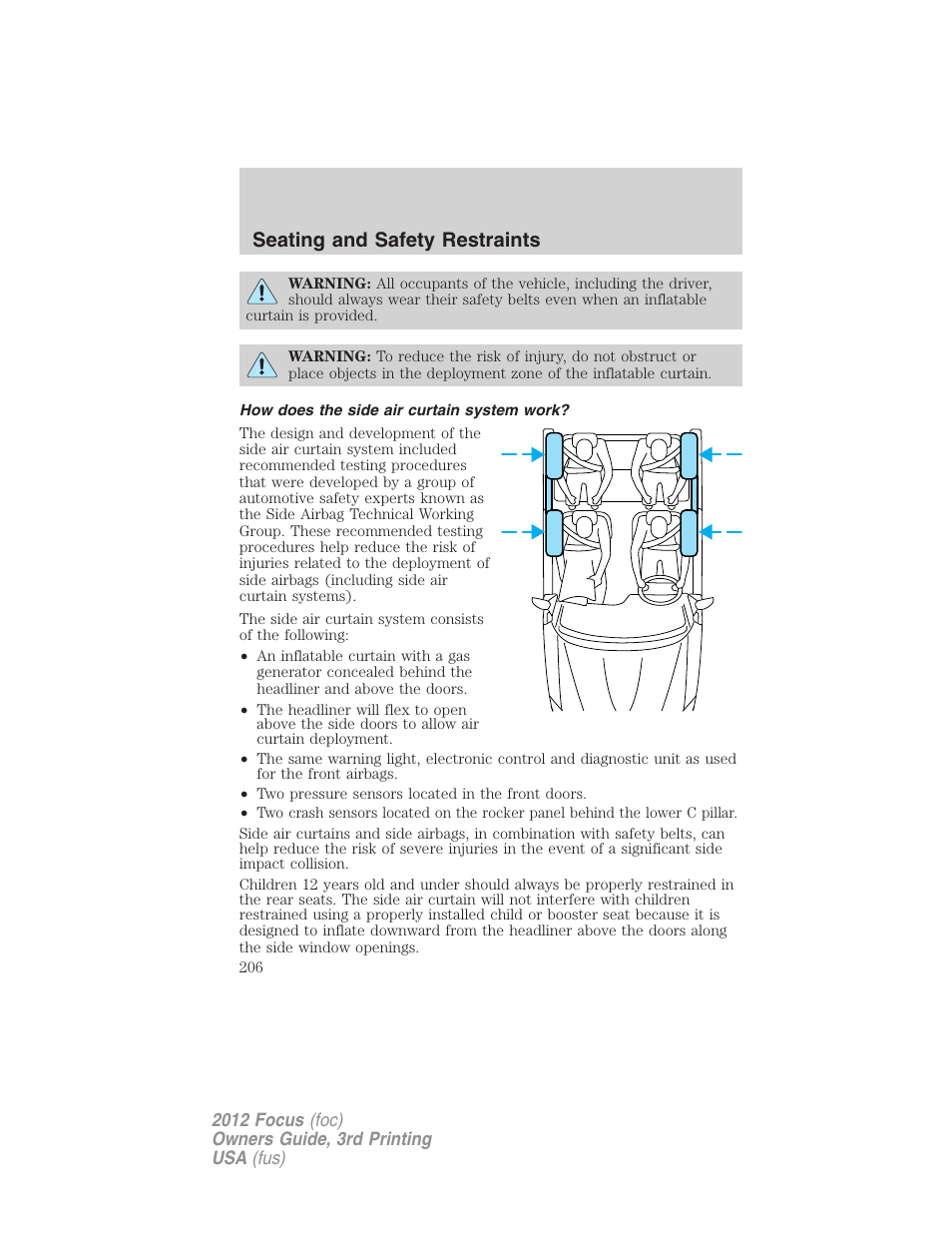 How does the side air curtain system work, Seating and safety restraints | FORD 2012 Focus v.3 User Manual | Page 207 / 404