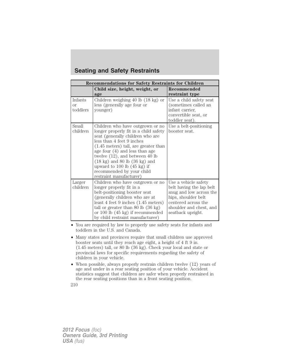 Seating and safety restraints | FORD 2012 Focus v.3 User Manual | Page 211 / 404