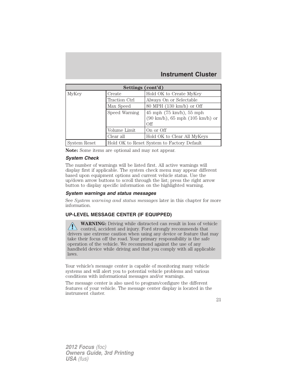 System check, System warnings and status messages, Up-level message center (if equipped) | Instrument cluster | FORD 2012 Focus v.3 User Manual | Page 22 / 404