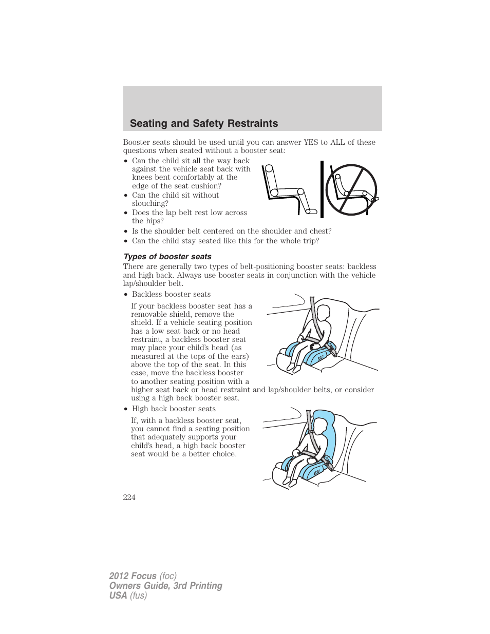 Types of booster seats, Seating and safety restraints | FORD 2012 Focus v.3 User Manual | Page 225 / 404