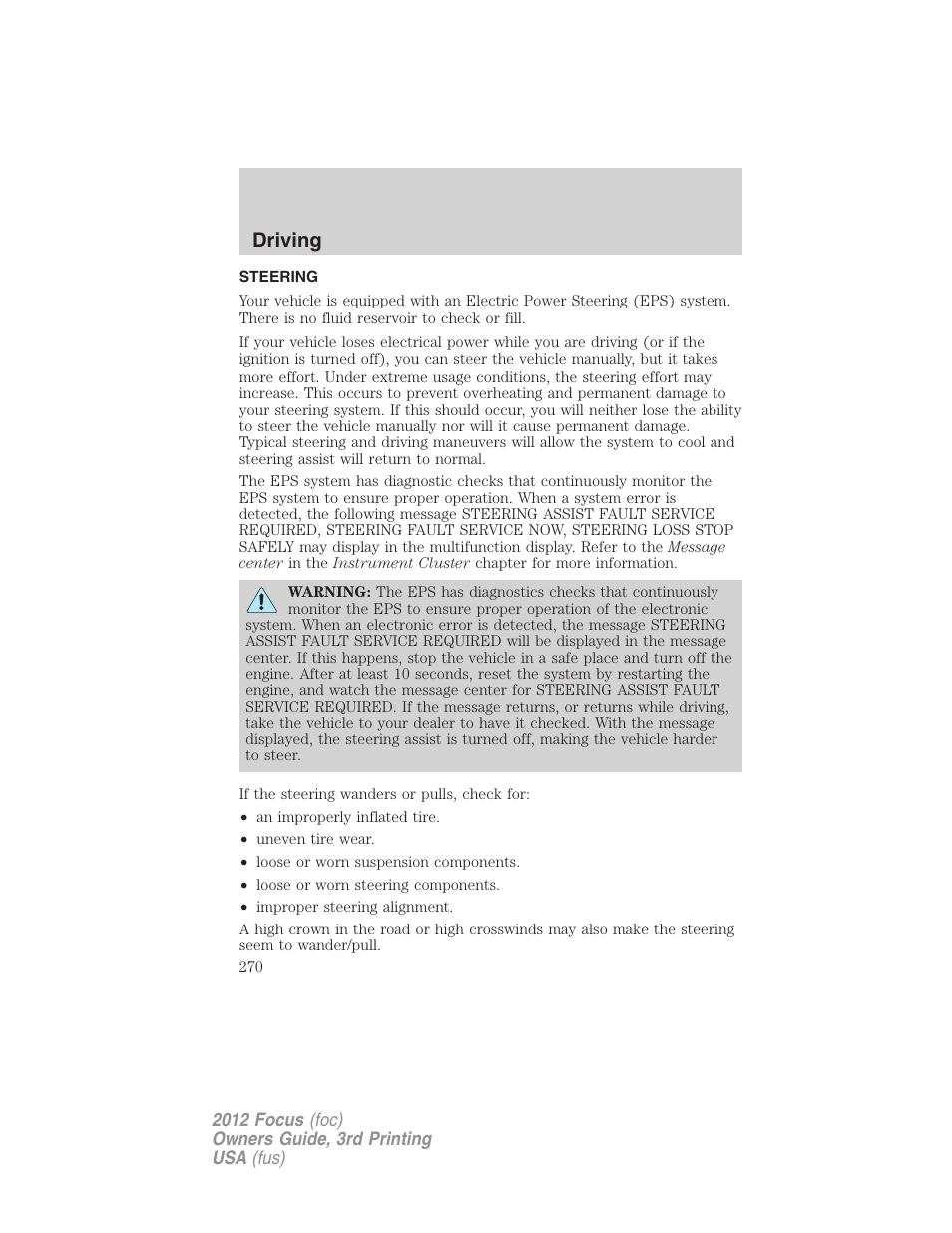 Steering, Driving | FORD 2012 Focus v.3 User Manual | Page 271 / 404