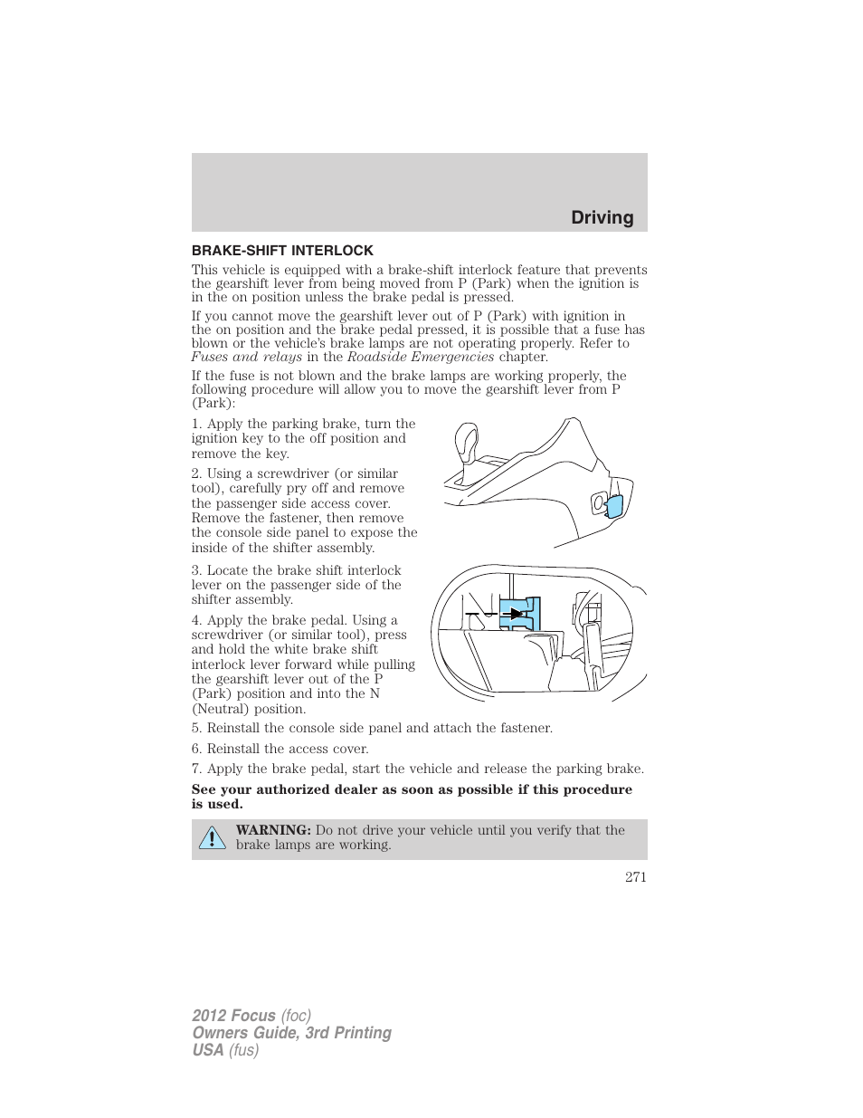 Brake-shift interlock, Driving | FORD 2012 Focus v.3 User Manual | Page 272 / 404