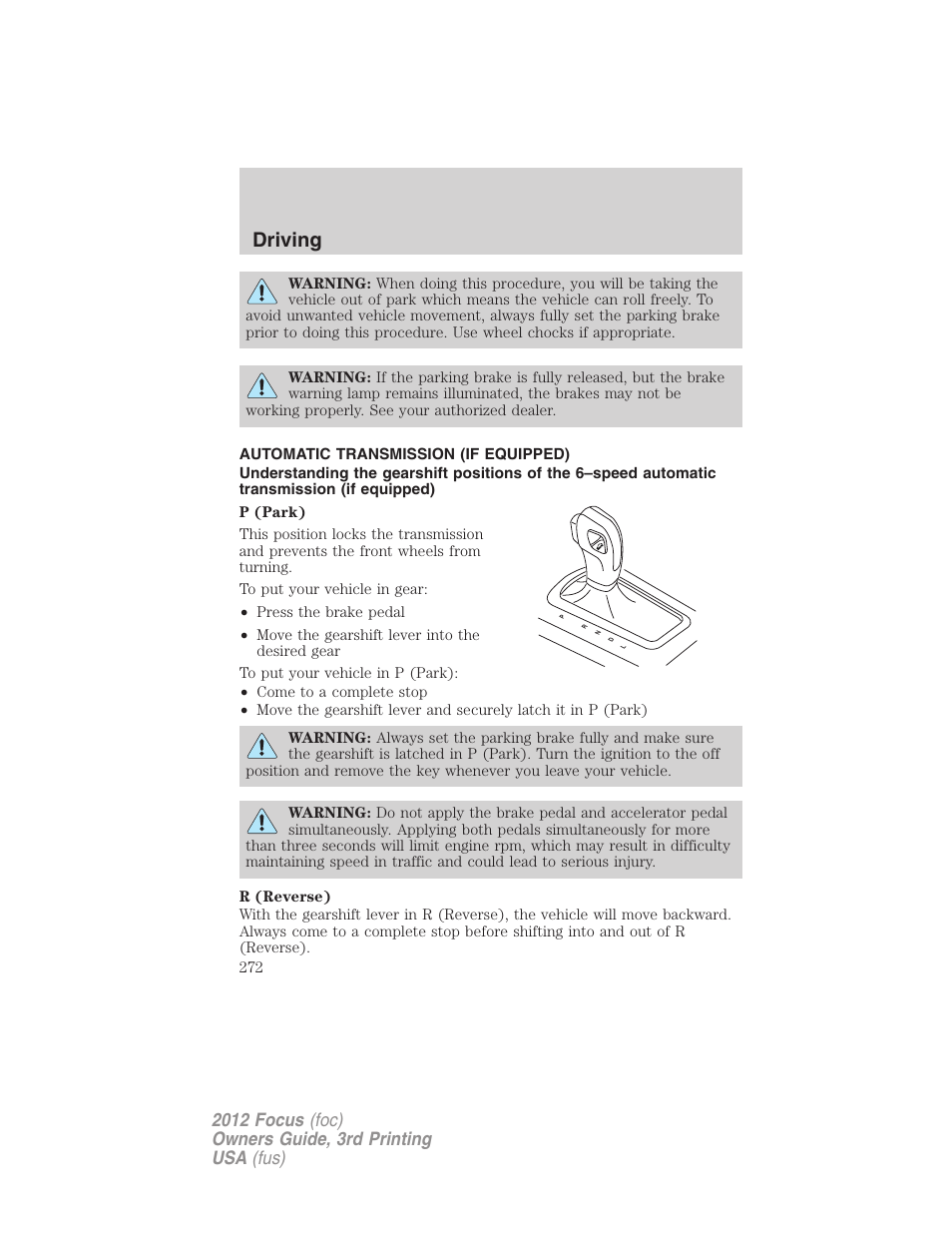 Automatic transmission (if equipped), Transmission operation, Driving | FORD 2012 Focus v.3 User Manual | Page 273 / 404