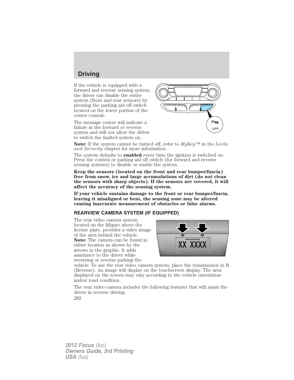 Rearview camera system (if equipped), Rear-view camera system, Driving | FORD 2012 Focus v.3 User Manual | Page 283 / 404