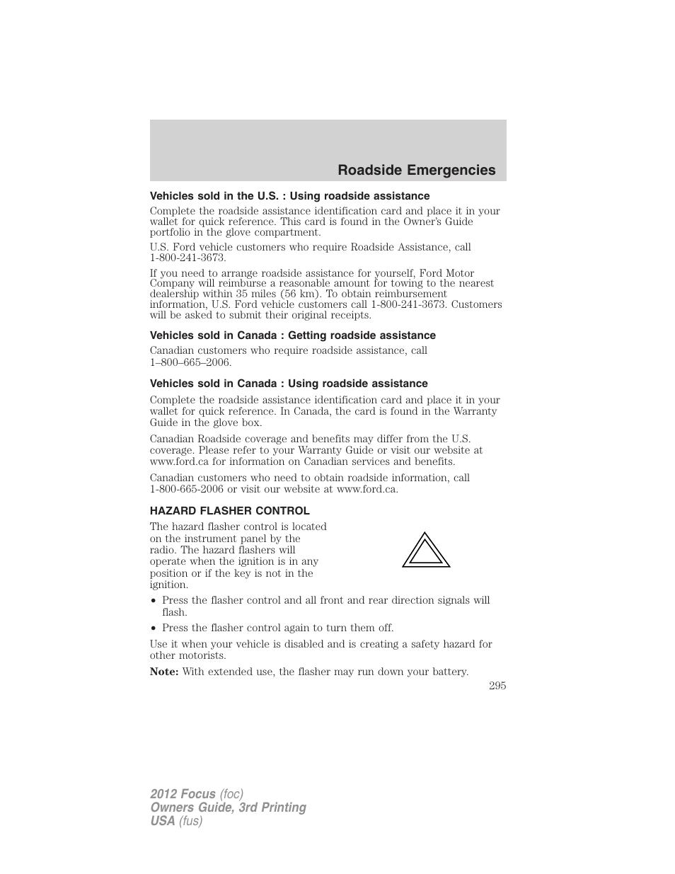 Hazard flasher control, Roadside emergencies | FORD 2012 Focus v.3 User Manual | Page 296 / 404
