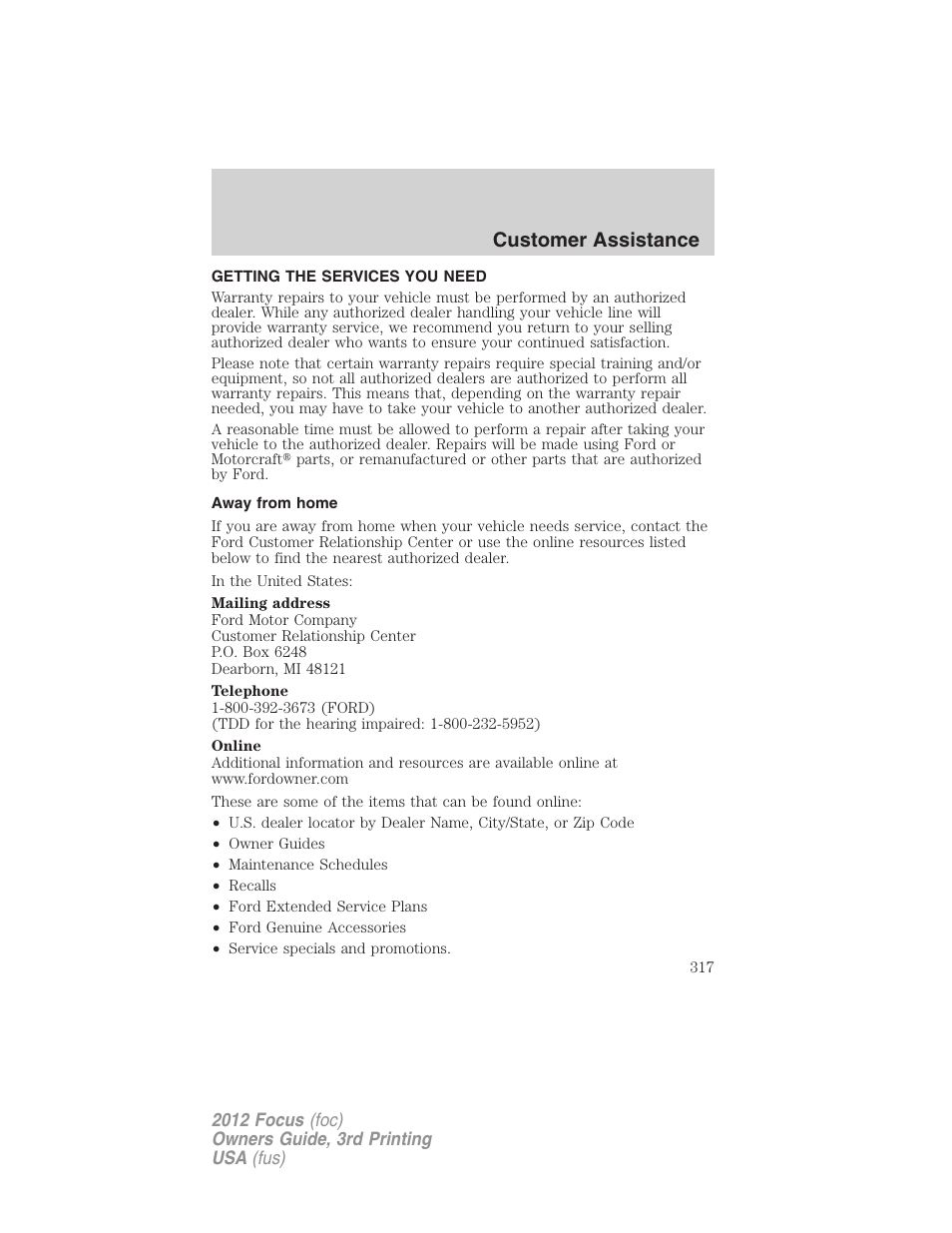 Customer assistance, Getting the services you need, Away from home | FORD 2012 Focus v.3 User Manual | Page 318 / 404