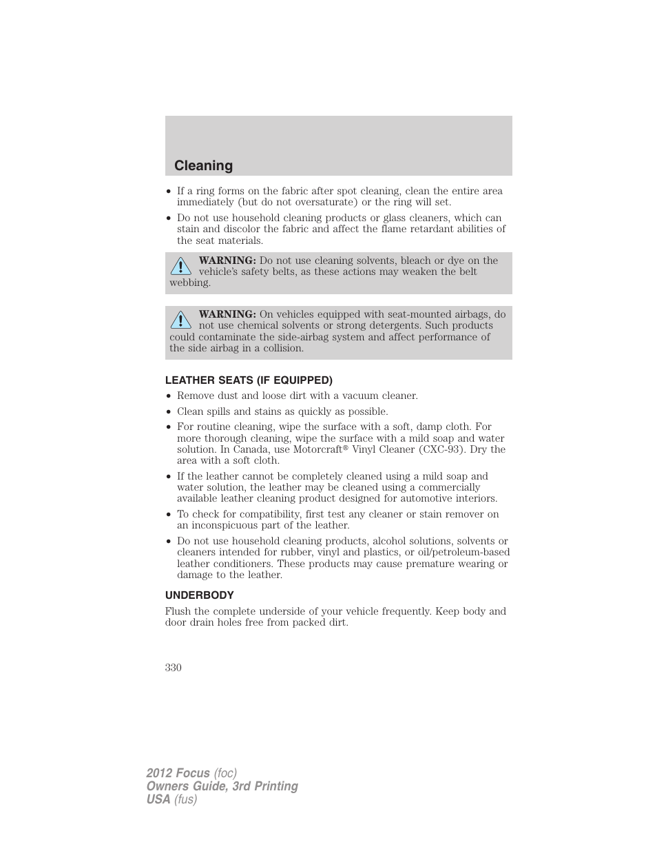 Leather seats (if equipped), Underbody, Cleaning | FORD 2012 Focus v.3 User Manual | Page 331 / 404