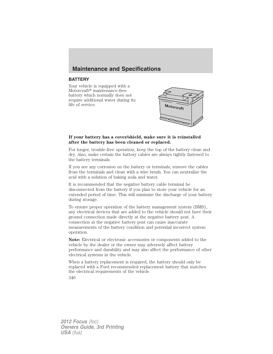 Battery, Maintenance and specifications | FORD 2012 Focus v.3 User Manual | Page 341 / 404