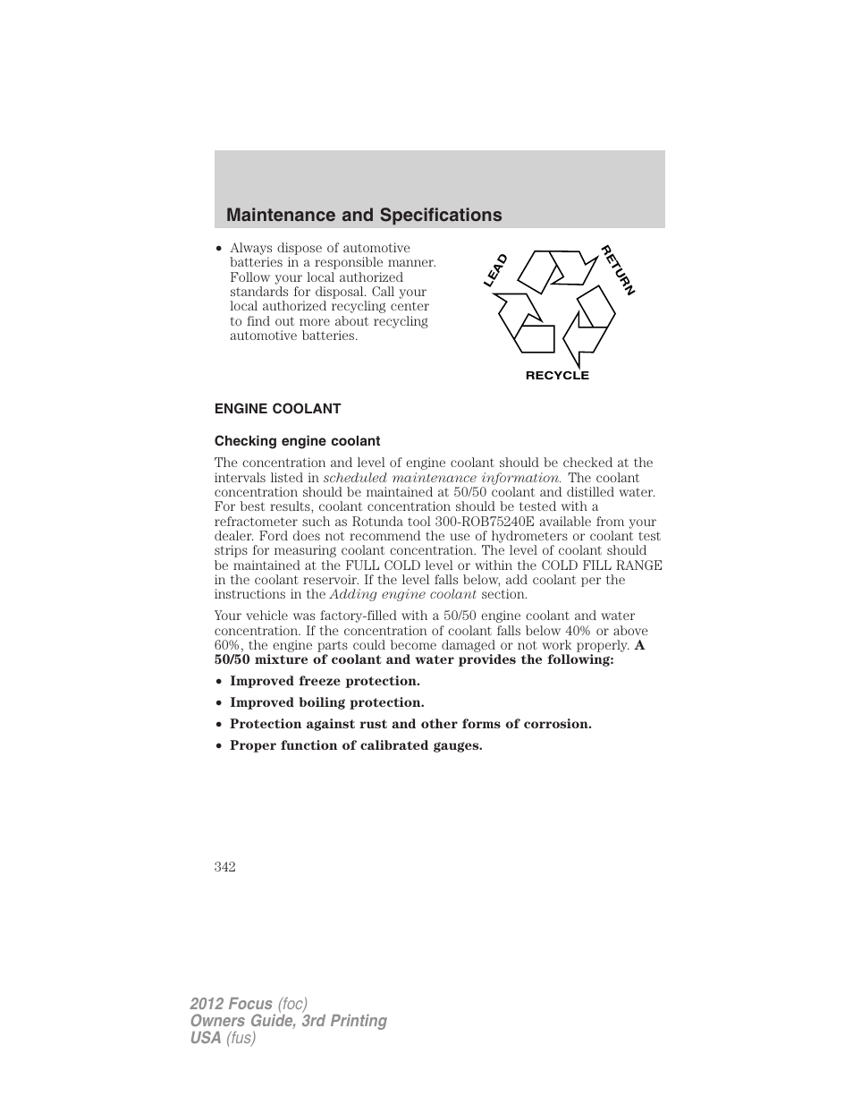 Engine coolant, Checking engine coolant, Maintenance and specifications | FORD 2012 Focus v.3 User Manual | Page 343 / 404