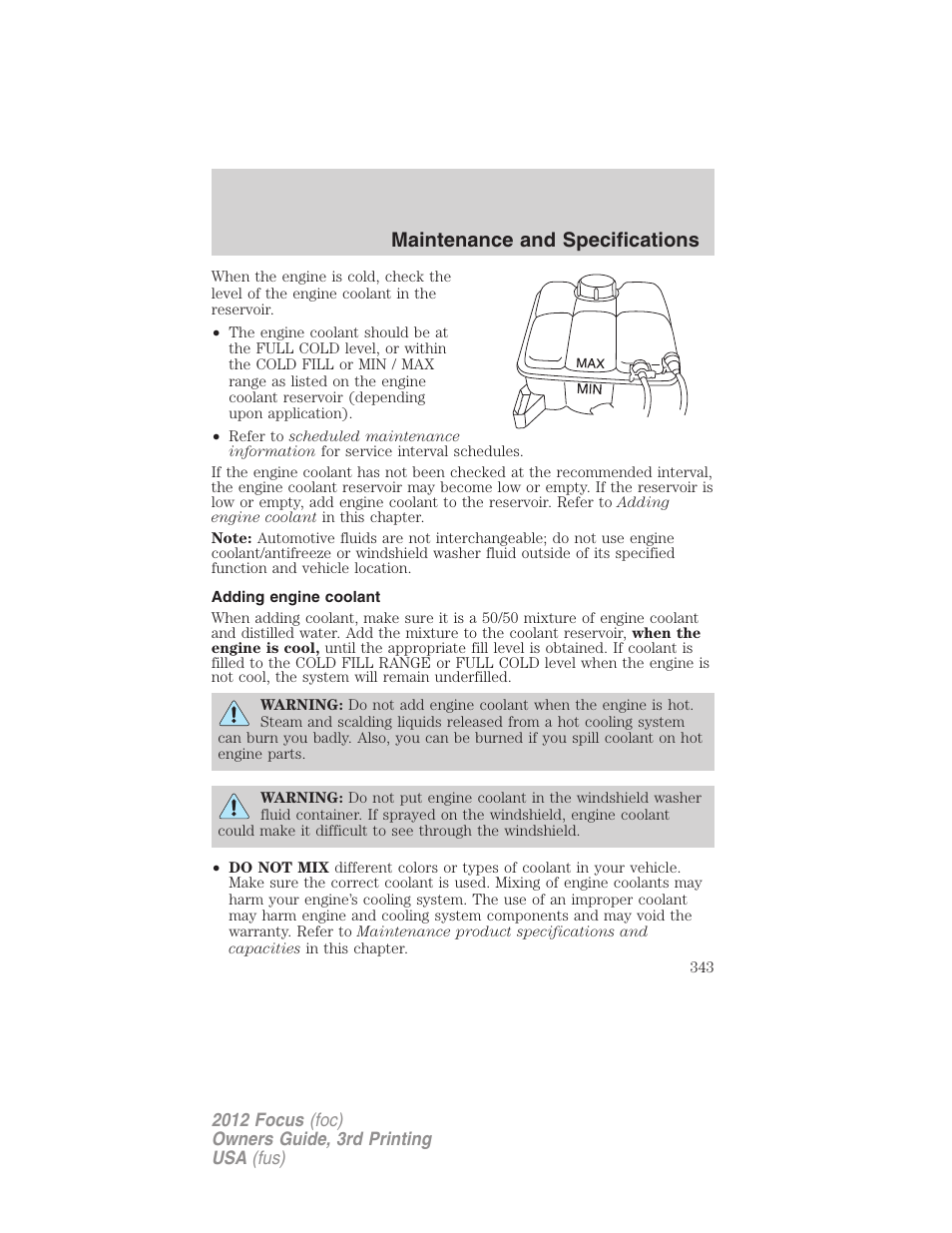 Adding engine coolant, Maintenance and specifications | FORD 2012 Focus v.3 User Manual | Page 344 / 404