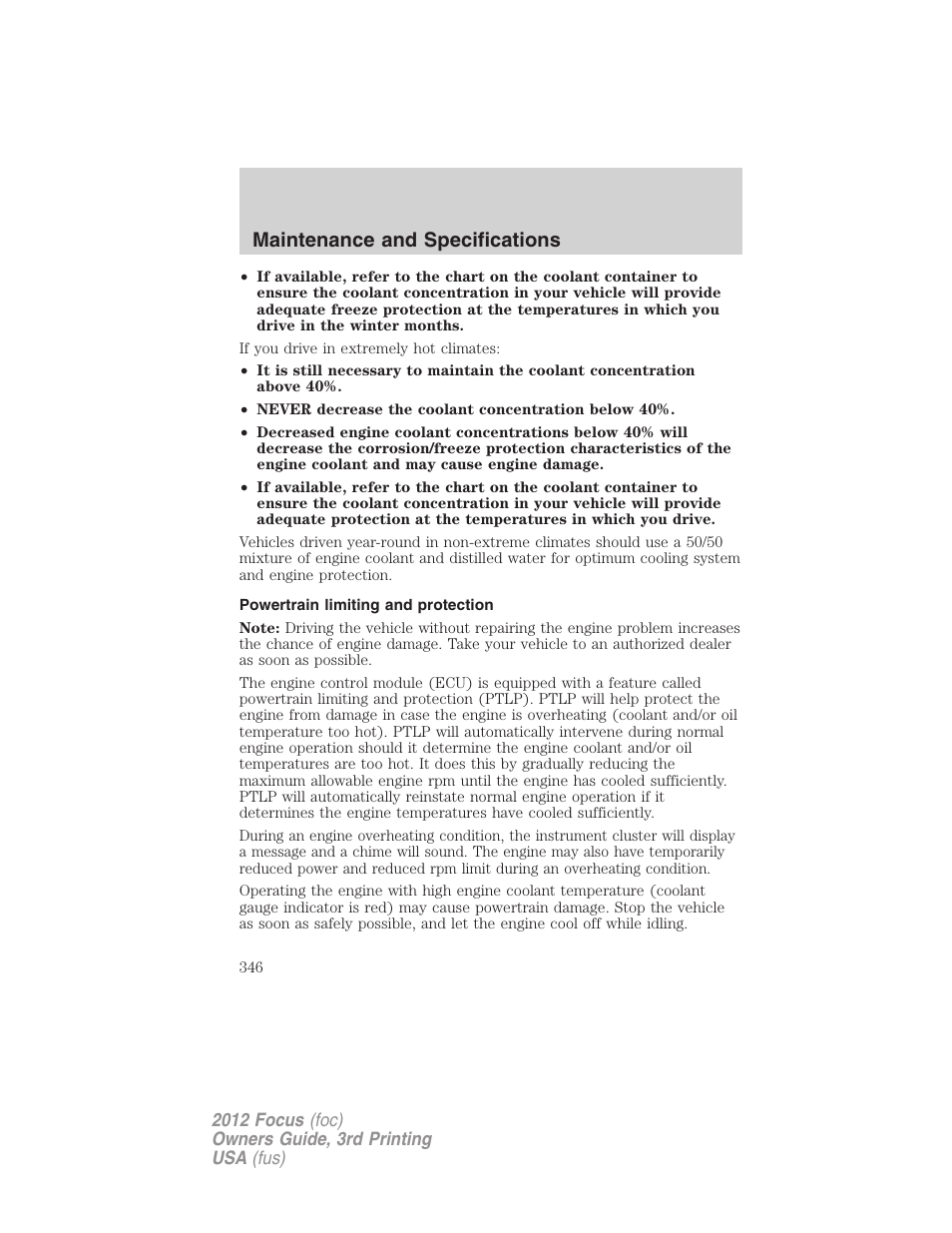 Powertrain limiting and protection, Maintenance and specifications | FORD 2012 Focus v.3 User Manual | Page 347 / 404