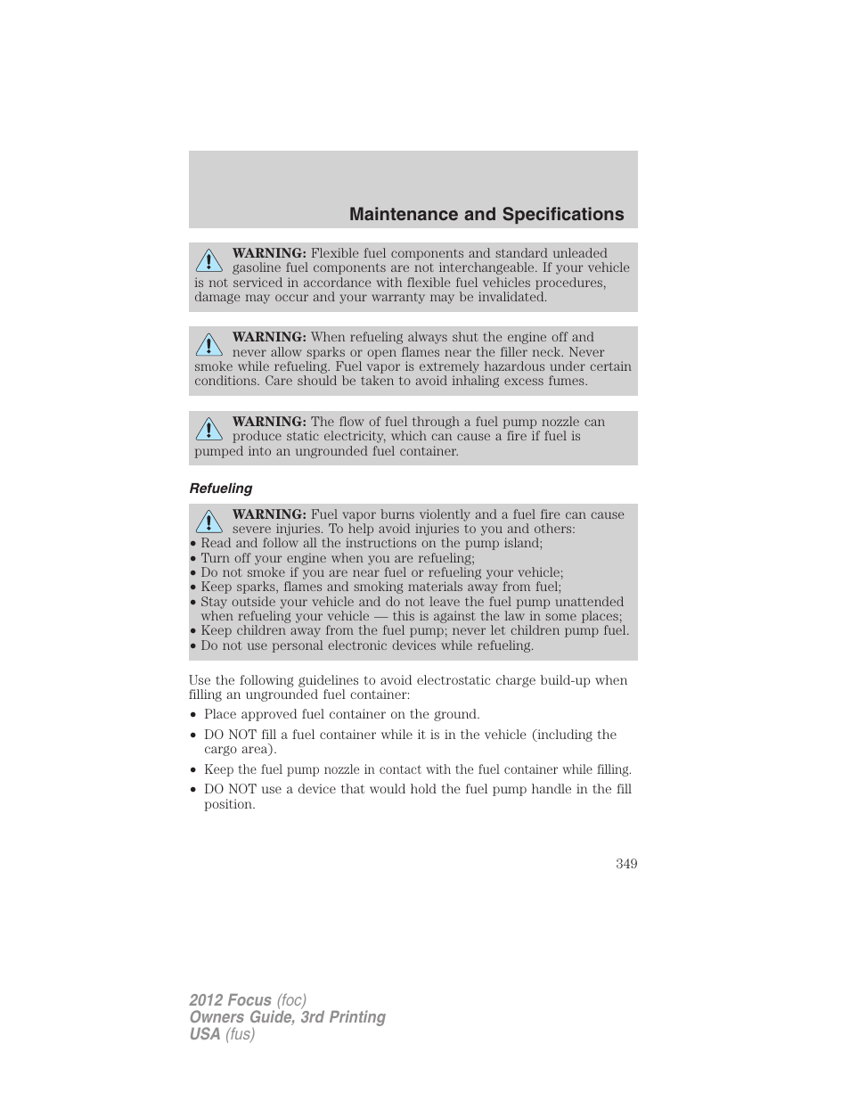 Refueling, Maintenance and specifications | FORD 2012 Focus v.3 User Manual | Page 350 / 404