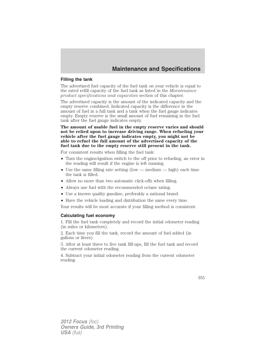 Filling the tank, Calculating fuel economy, Maintenance and specifications | FORD 2012 Focus v.3 User Manual | Page 356 / 404