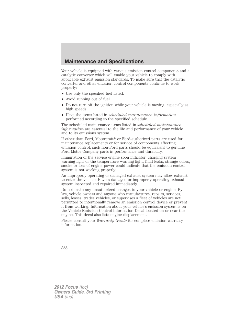 Maintenance and specifications | FORD 2012 Focus v.3 User Manual | Page 359 / 404