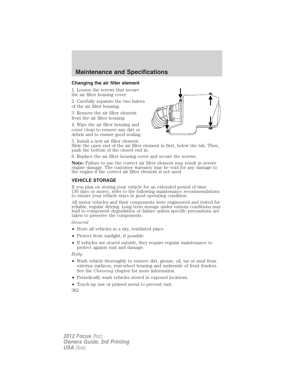 Changing the air filter element, Vehicle storage, Maintenance and specifications | FORD 2012 Focus v.3 User Manual | Page 363 / 404