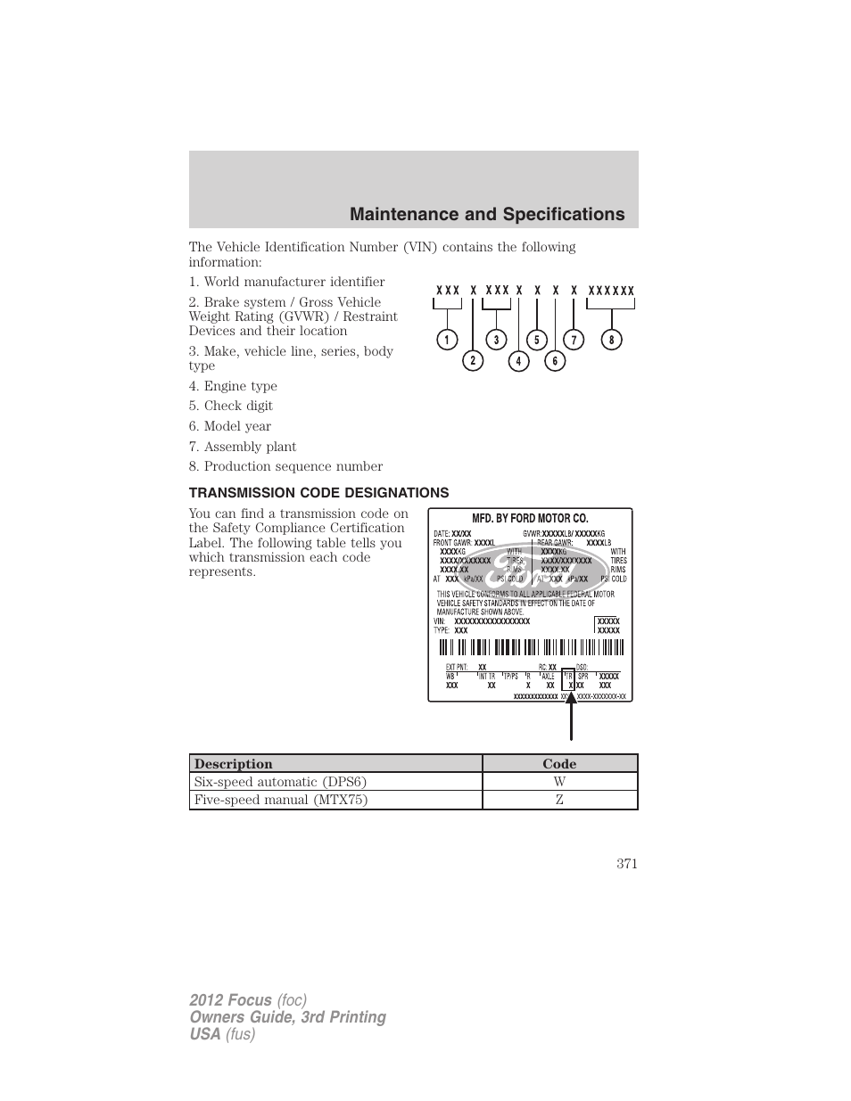 Transmission code designations, Maintenance and specifications | FORD 2012 Focus v.3 User Manual | Page 372 / 404