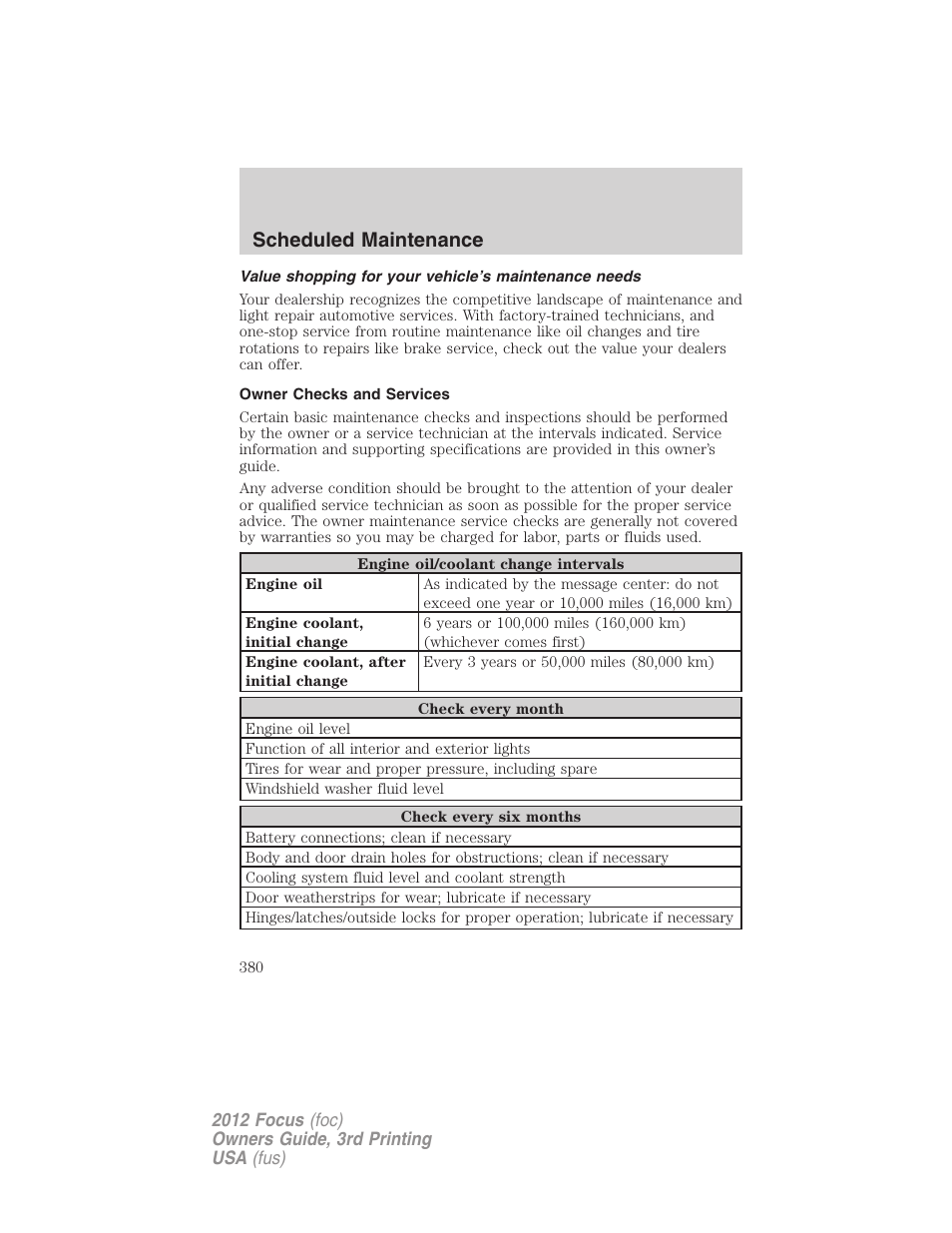 Owner checks and services, Scheduled maintenance | FORD 2012 Focus v.3 User Manual | Page 381 / 404