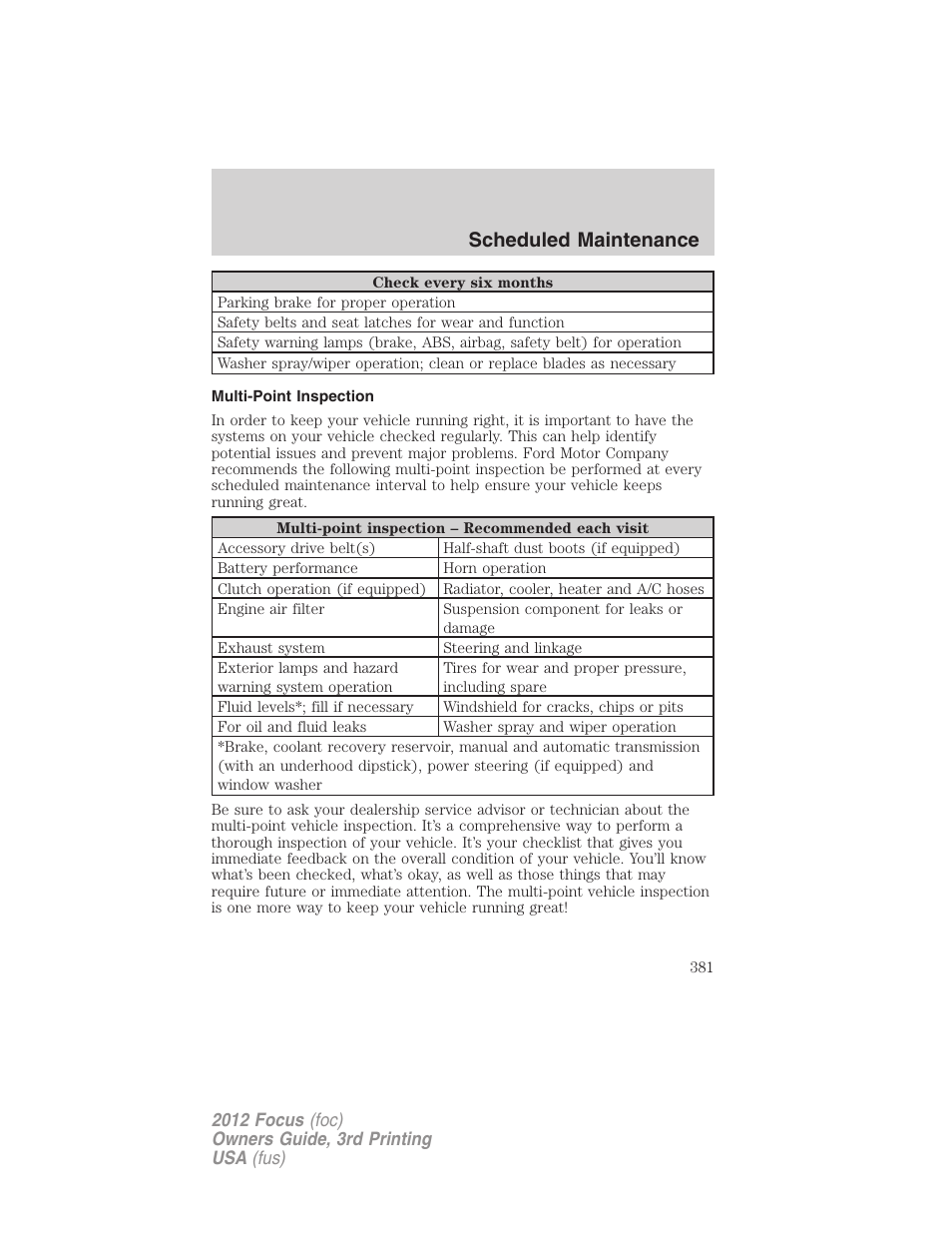 Multi-point inspection, Scheduled maintenance | FORD 2012 Focus v.3 User Manual | Page 382 / 404