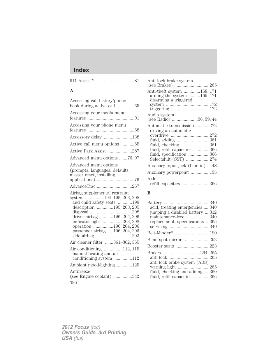 Index | FORD 2012 Focus v.3 User Manual | Page 397 / 404