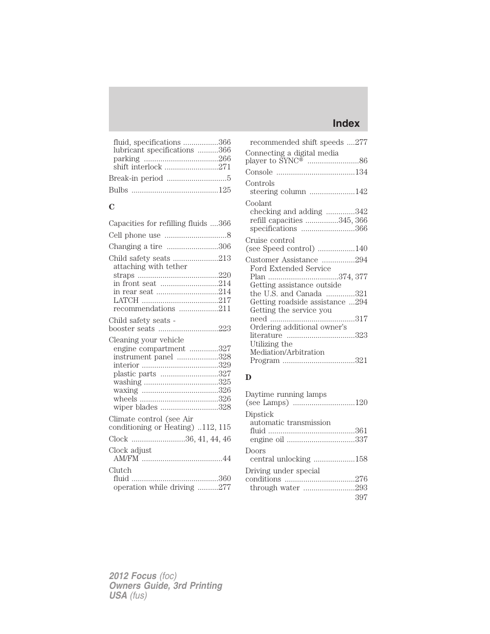 Index | FORD 2012 Focus v.3 User Manual | Page 398 / 404