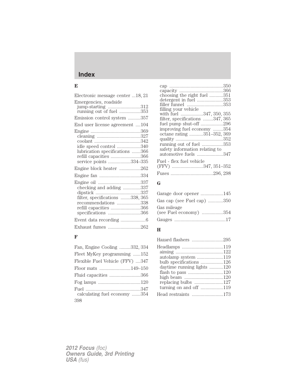 Index | FORD 2012 Focus v.3 User Manual | Page 399 / 404