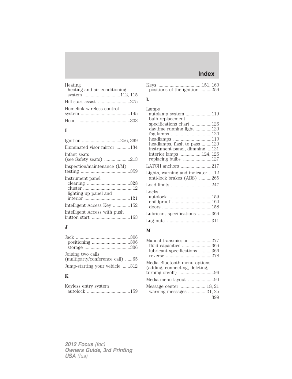 Index | FORD 2012 Focus v.3 User Manual | Page 400 / 404