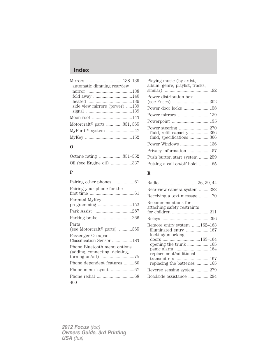 Index | FORD 2012 Focus v.3 User Manual | Page 401 / 404