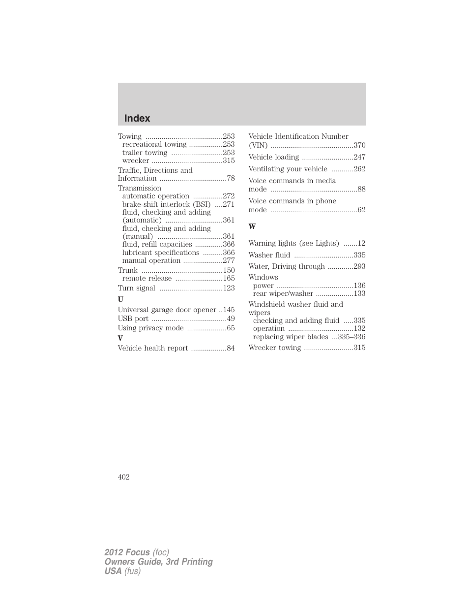 Index | FORD 2012 Focus v.3 User Manual | Page 403 / 404