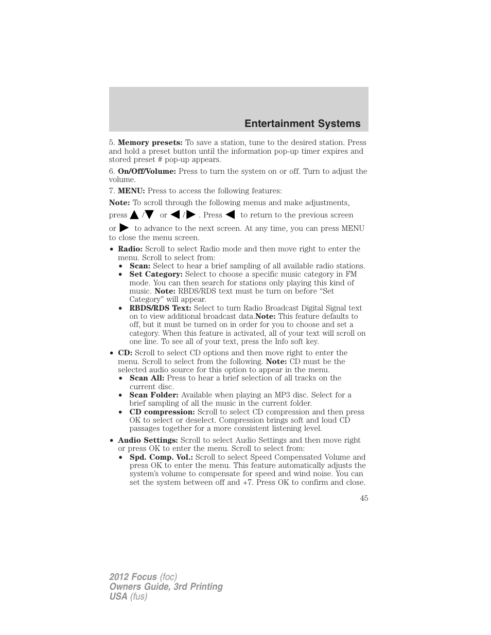 Entertainment systems | FORD 2012 Focus v.3 User Manual | Page 46 / 404