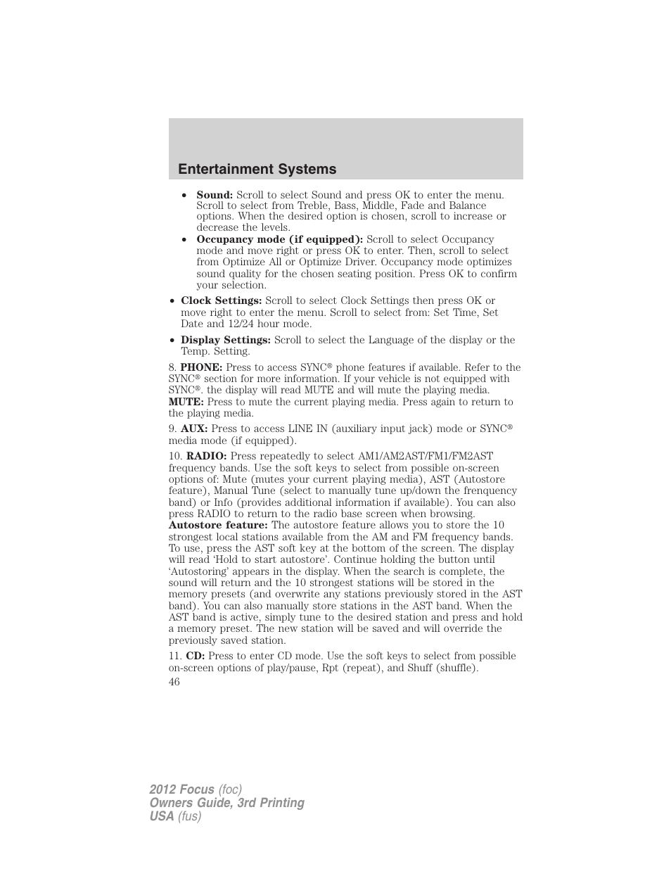 Entertainment systems | FORD 2012 Focus v.3 User Manual | Page 47 / 404