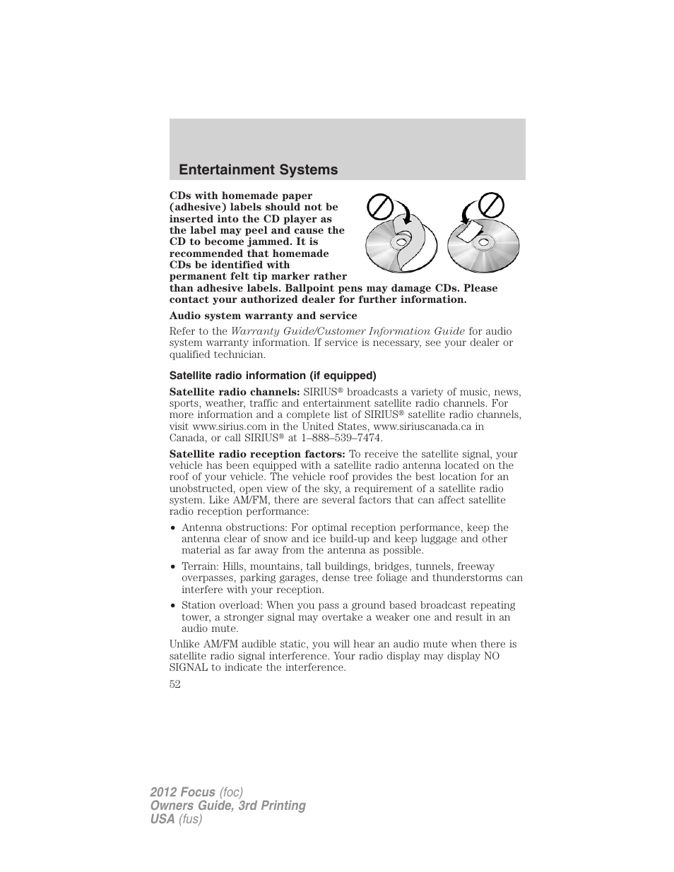 Satellite radio information (if equipped), Satellite radio information, Entertainment systems | FORD 2012 Focus v.3 User Manual | Page 53 / 404