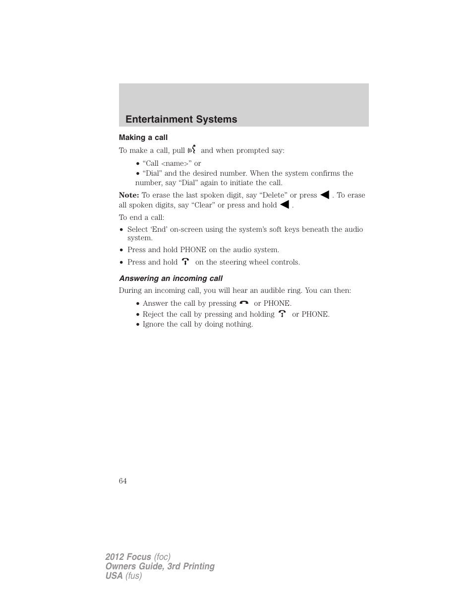 Making a call, Answering an incoming call, Entertainment systems | FORD 2012 Focus v.3 User Manual | Page 65 / 404