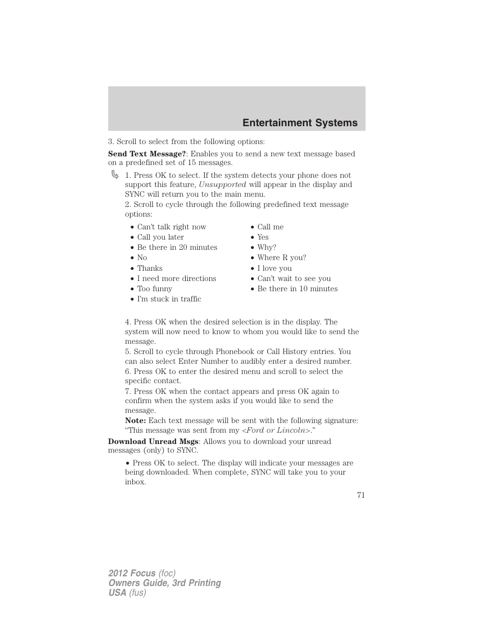 Entertainment systems | FORD 2012 Focus v.3 User Manual | Page 72 / 404