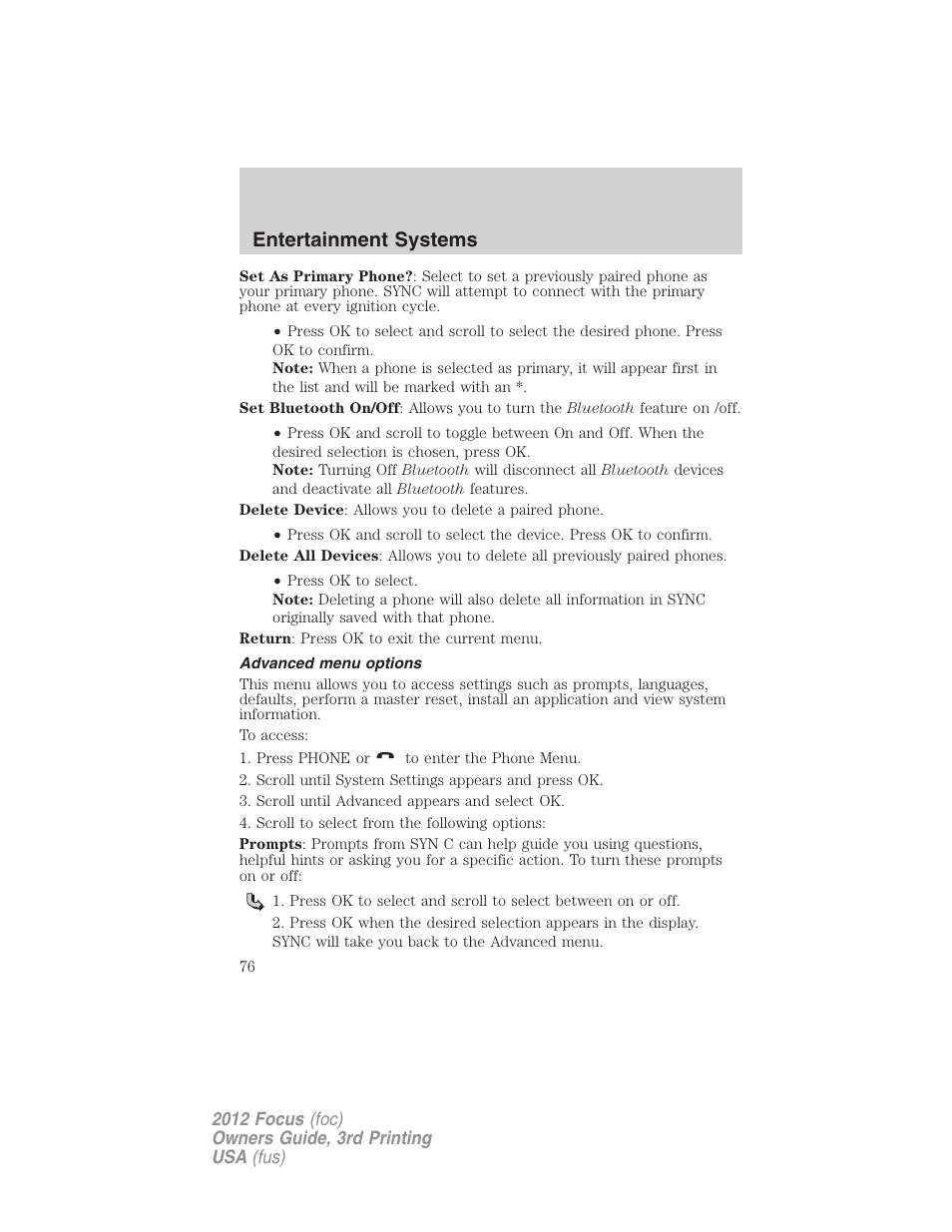 Advanced menu options, Entertainment systems | FORD 2012 Focus v.3 User Manual | Page 77 / 404