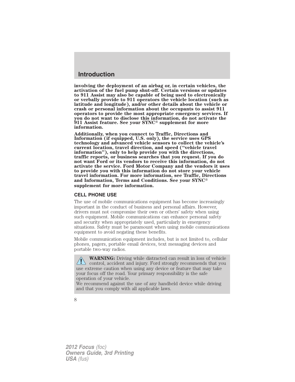 Cell phone use, Introduction | FORD 2012 Focus v.3 User Manual | Page 9 / 404