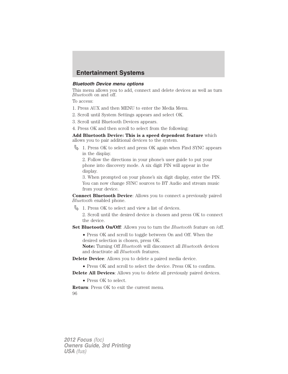 Bluetooth device menu options, Entertainment systems | FORD 2012 Focus v.3 User Manual | Page 97 / 404