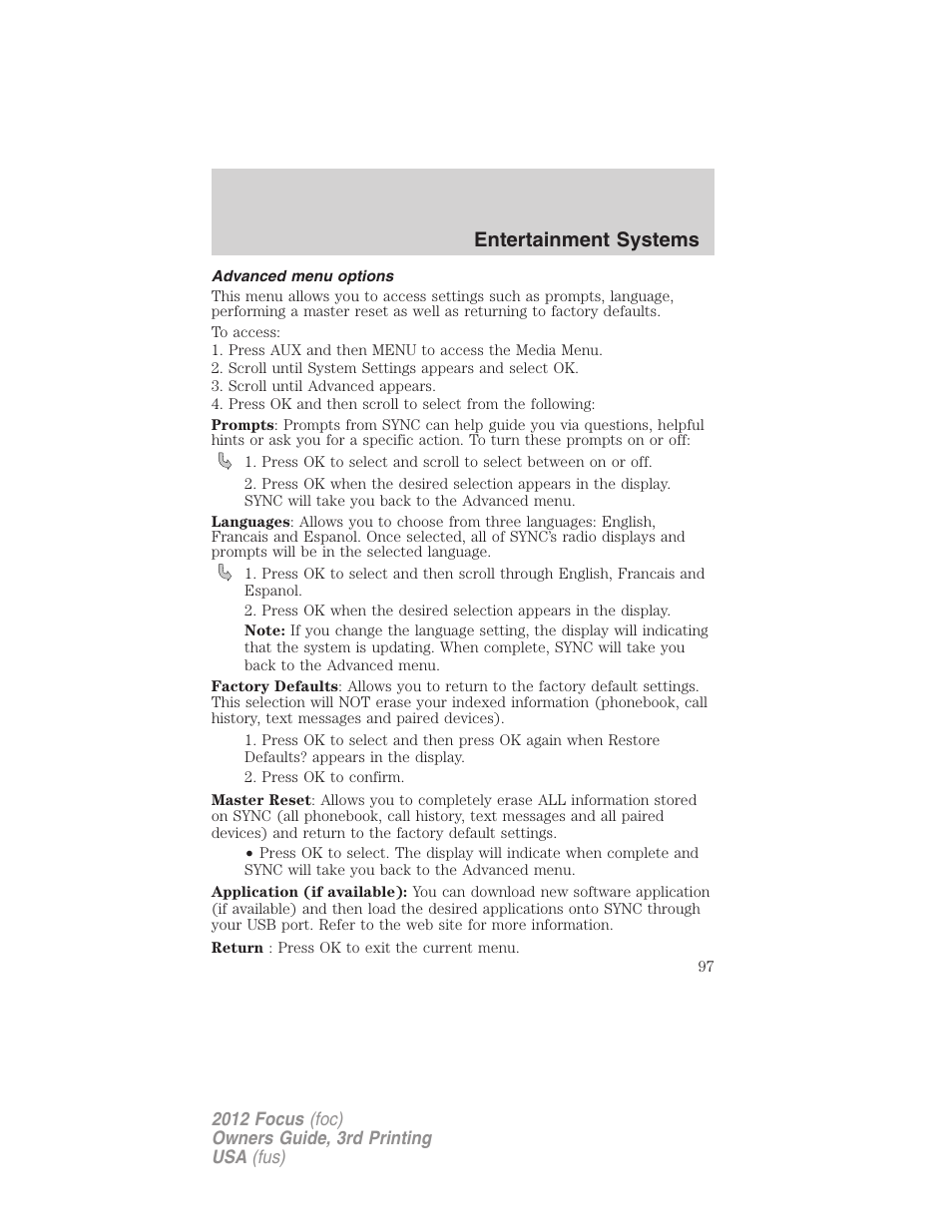 Advanced menu options, Entertainment systems | FORD 2012 Focus v.3 User Manual | Page 98 / 404