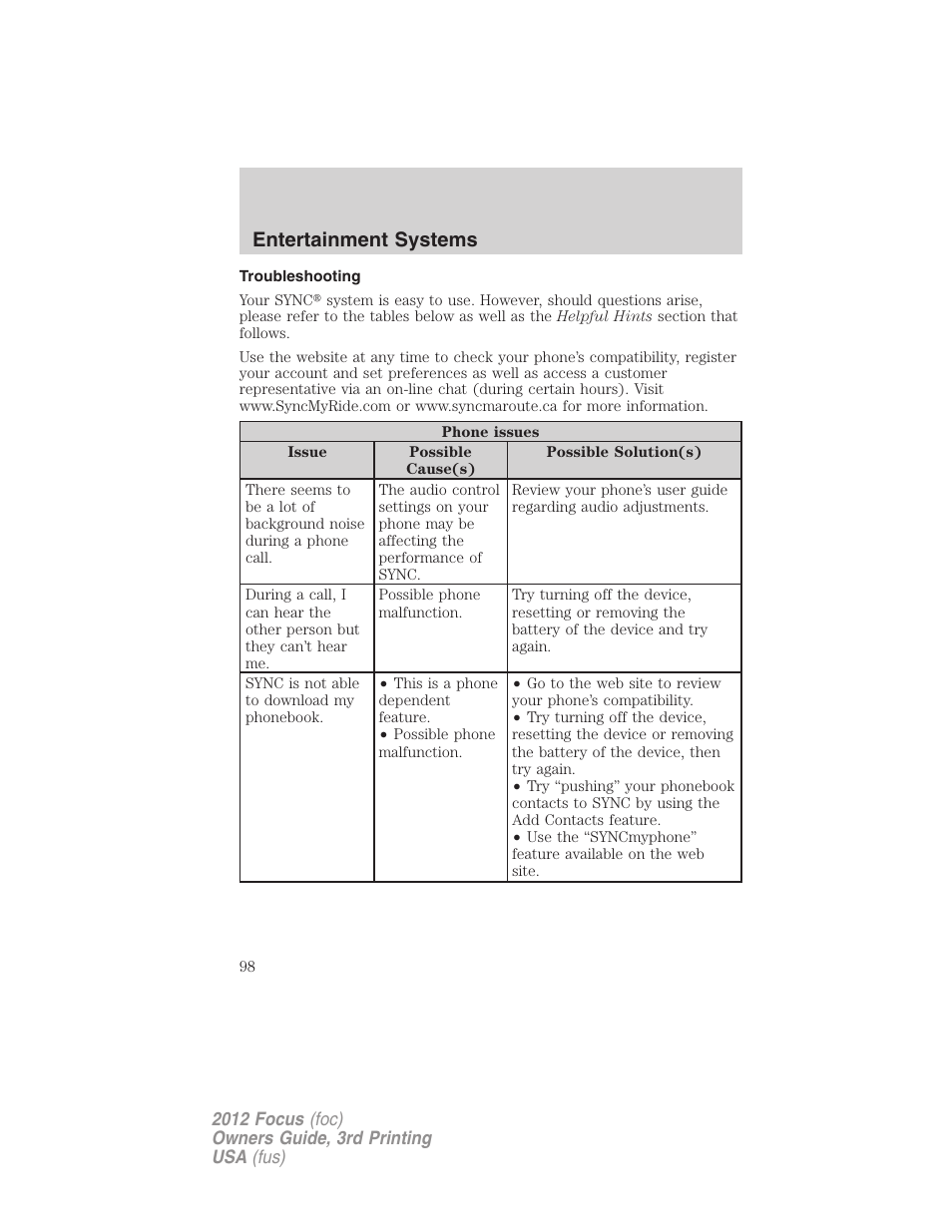 Troubleshooting, Entertainment systems | FORD 2012 Focus v.3 User Manual | Page 99 / 404