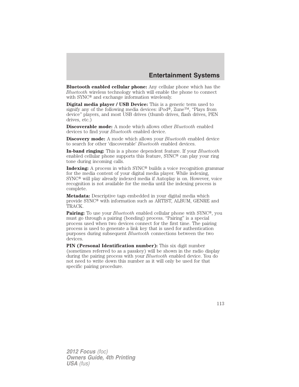 Entertainment systems | FORD 2012 Focus v.4 User Manual | Page 113 / 405