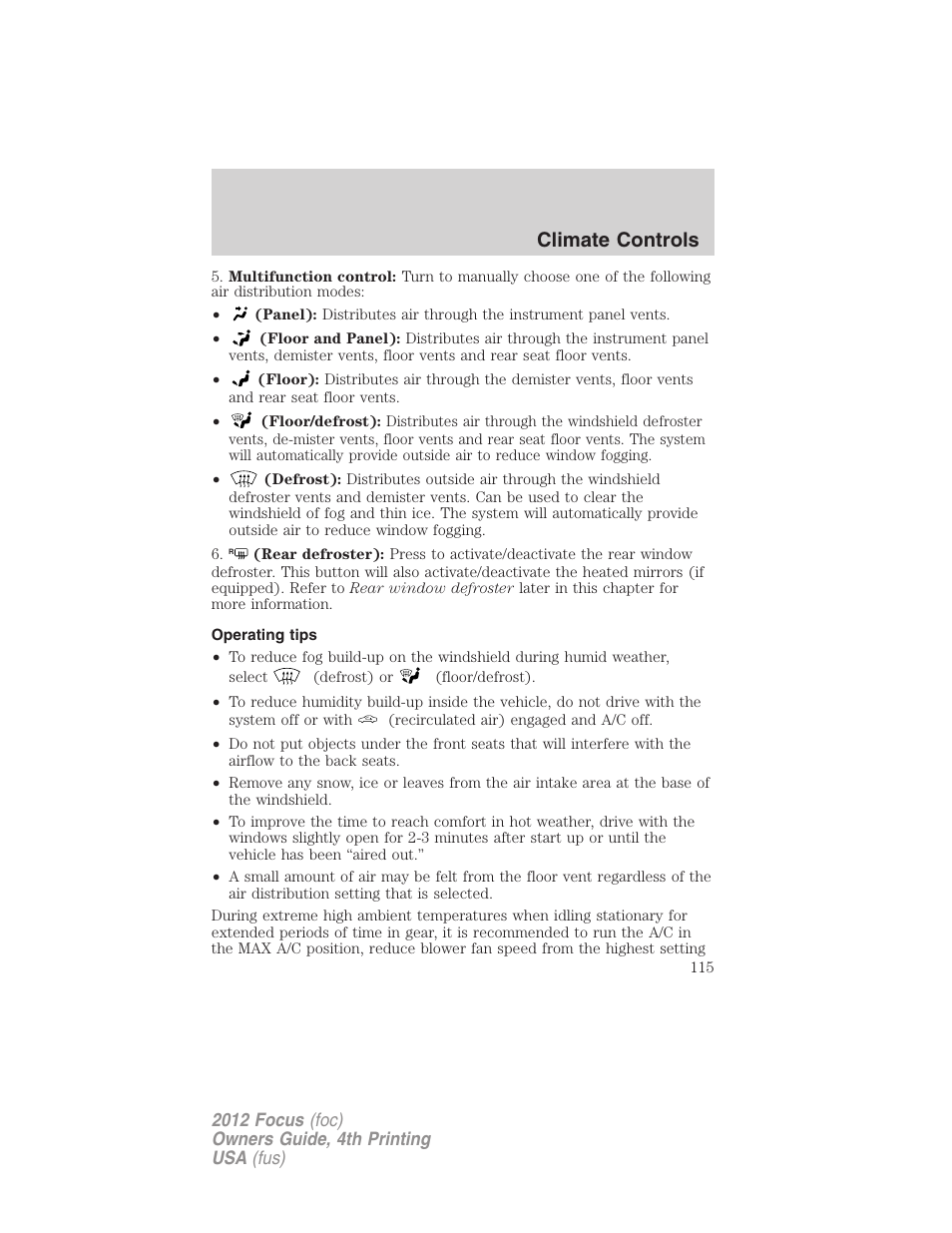 Operating tips, Climate controls | FORD 2012 Focus v.4 User Manual | Page 115 / 405