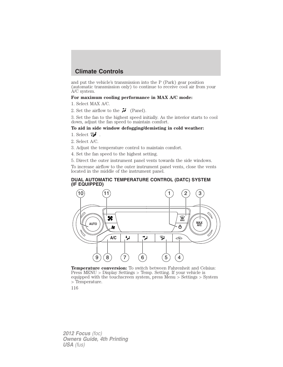 Climate controls | FORD 2012 Focus v.4 User Manual | Page 116 / 405