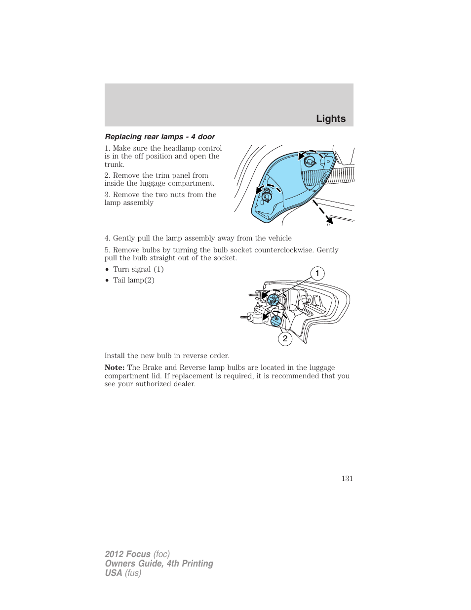 Replacing rear lamps - 4 door, Lights | FORD 2012 Focus v.4 User Manual | Page 131 / 405