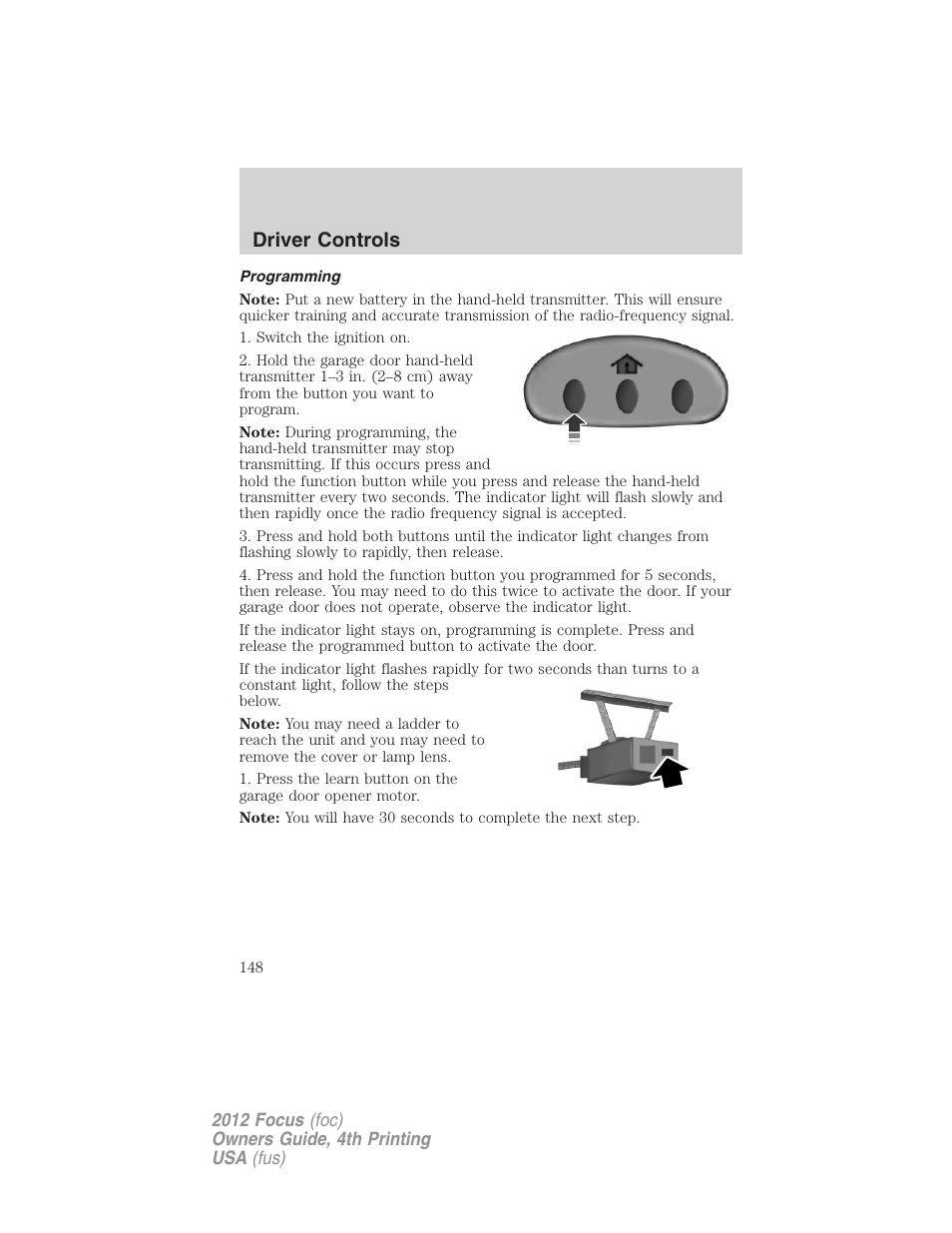 Programming, Driver controls | FORD 2012 Focus v.4 User Manual | Page 148 / 405