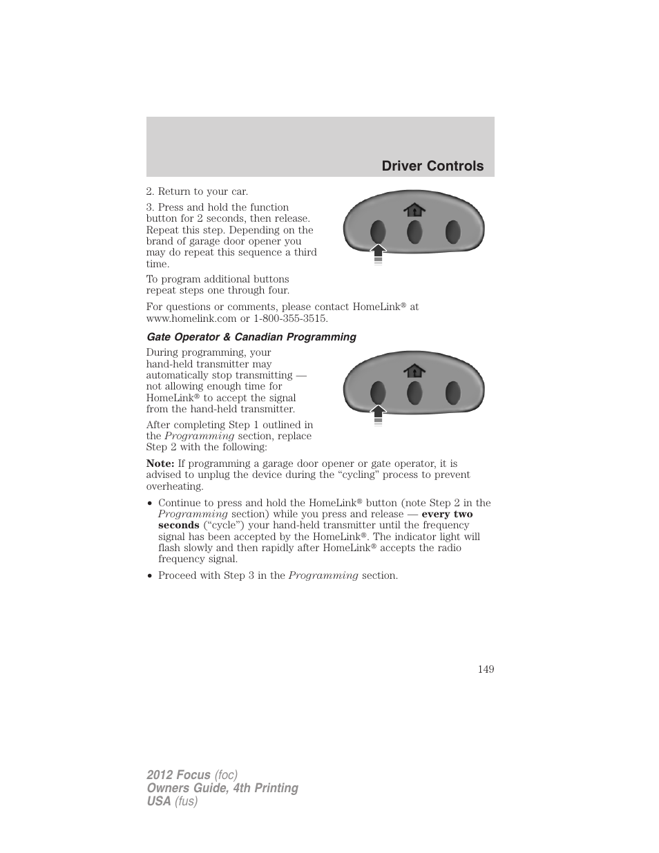 Gate operator & canadian programming, Driver controls | FORD 2012 Focus v.4 User Manual | Page 149 / 405